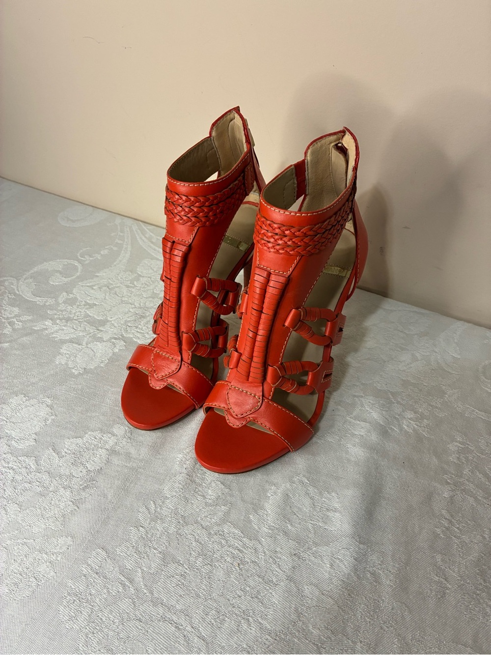 Marciano Caspie Orange Braided Strappy High Heel Sandals